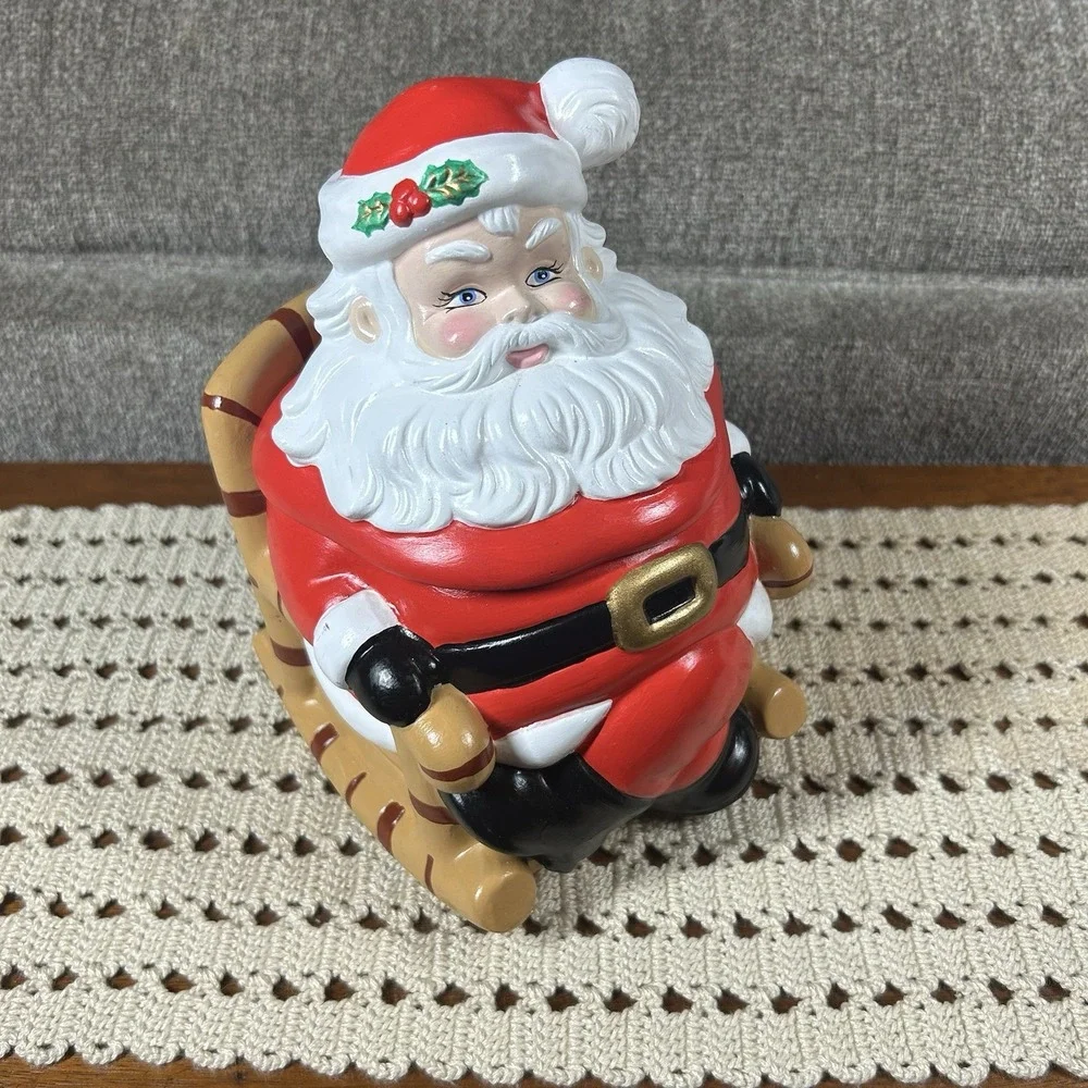 Vtg Ceramic Santa Claus in Rocking Chair Gingerbread Cookie Candy Jar Musical